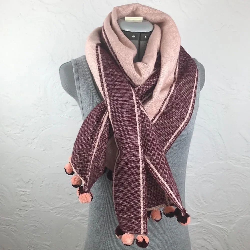 Lands End Pink and Maroon Pom Pom Scarf